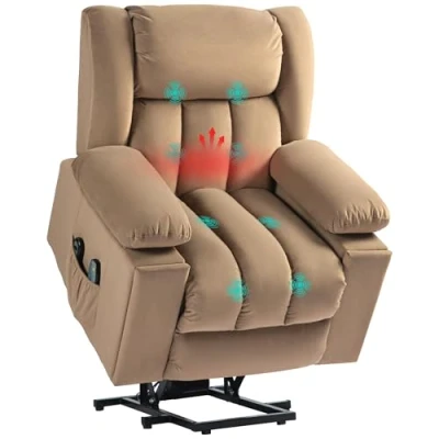 Image of HOMCOM Power Lift Recliner Chair with Vibration Massage and Heat, Electric for Elderly, Overstuffed Fabric Riser Reclining Armchair USB Ports, Cup Holders, Light Brown