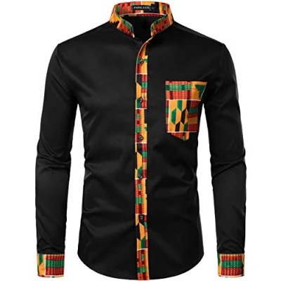 Image of PARKLEES Men&#039;s African Dashiki Tribal Graphic Patchwork Long Sleeve Printed Grandad Collar Shirt PZZCL46 Black XXL