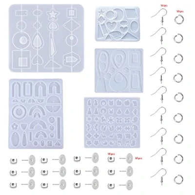Image of BOSOIRSOU 205 pcs Resin Jewelry Casting Mold and Earring Hooks, Silicone Pendant Molds Stud Bracelet Necklace Making Kits Epoxy Moulds, with Hook Jump Ring