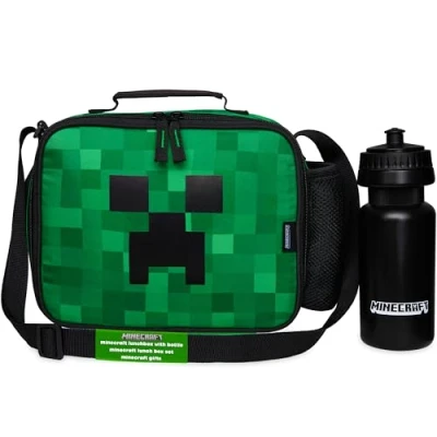 Image of Minecraft Insulated Lunch Bag for Kids with Water Bottle &amp; Pocket (Black)