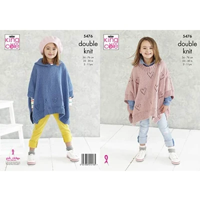 Image of King Cole Girls Double Knitting Pattern Round Neck or Hooded Heart Poncho (5476),Multicolor,22&quot; 30&quot; chest