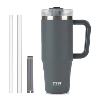 Image of Klaraber Tumbler with Straw and Lid, 30oz Insulated Travel Cup Straw, Double Wall Stainless Steel Iced Coffee Cup, Leak Proof Mug, Large Handle (Grey)