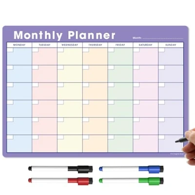 Image of TMS A3 Monthly Planner Whiteboard Magnetic Fridge Calendar for Meal Prep, Work or Family Planning Made in the UK (A3, Purple + Pastel)