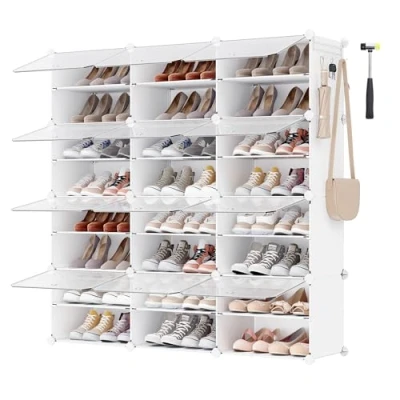 Image of SONGMICS Interlocking Shoe Rack, Plastic Storage Cabinet, 12 Slot Modular Organiser Unit, 30 x 40 cm for Each Slot, with Doors, Steel Frame, Panels, White LPC040W01