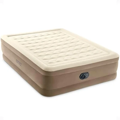 Image of Intex Dura Beam Deluxe Ultra Plush Air Mattress Fiber Tech Built in Electric Pump 18in Bed Height 600lb Weight Capacity Queen Size