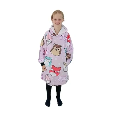 Image of Character World Hugzee Oversized Wearable Hooded Fleece Super Warm and Cosy Sherpa Lined, Squishmallows Design Perfect For Kids Aged 7 12 Years, One Size Suggested Height 85cm+