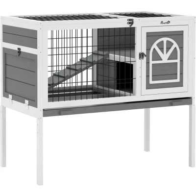 Image of PawHut Wooden Rabbit Hutch, Elevated Guinea Pig Cage w/Openable Roof, Ladder, Removable Tray, 90 x 53 87cm Grey