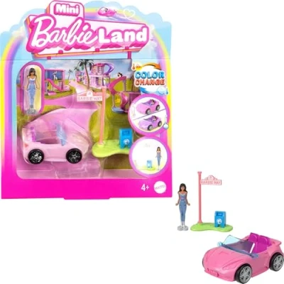 Image of Barbie Mini BarbieLand Doll &amp; Toy Vehicle Set, 1.5 inch Convertible Car with Color Change, Plus Street Sign Accessory, HYF42