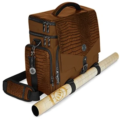 Image of ENHANCE Table Games RPG Adventurer Bag Dungeons and Dragons Travel for Dungeon Masters with Padded Mini Figure Storage, Dice Token Pockets, Holds 4 8 Books, Dragon Brown, Messenger Style