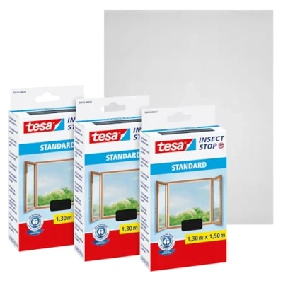 Image of tesa Insect Stop Hook &amp; Loop STANDARD for Windows Self Adhesive Window Fly Screen Cut to Desired Size in Anthracite, 3x 130 cm x 150