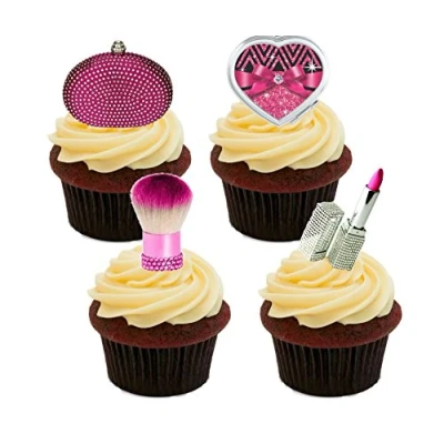 Image of Pink and Silver Bling Make up/Cosmetics Edible Cupcake Toppers Stand up Wafer Cake Decorations (Pack of 12)