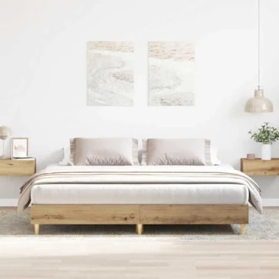 Image of vidaXL Artisan Oak Double Bed Frame 200x200 cm Engineered Wood Slatted Base Modern Bedroom Furniture