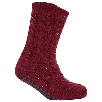 Image of Tokyo Laundry Leven Borg Lined Chunky Cable Knit Slipper Socks in Oxblood Nep