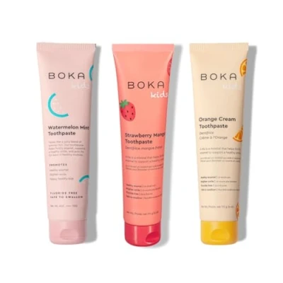 Image of Boka Fluoride Free Toothpaste Nano Hydroxyapatite, Helps Remineralize, Appropriate for Sensitive Teeth, Whitening Adult, Kids Oral Care Orange Cream, Watermelon Mint, Strawberry Mango, 4oz 3Pk