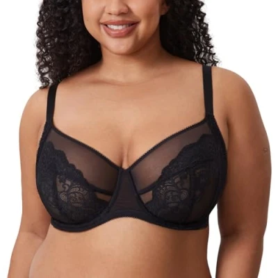 Image of Delimira Women&#039;s Lace Bra Plus Size Full Coverage Underwire Unlined Bras Black 36G