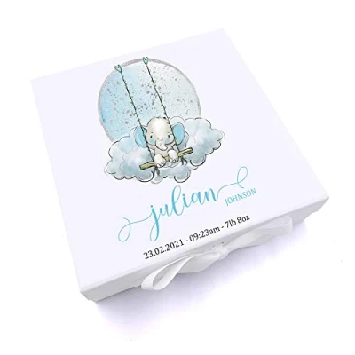 Image of ukgiftstoreonline Personalised Baby Boy Gift Keepsake Memory Box Elephant On Swing (Large)