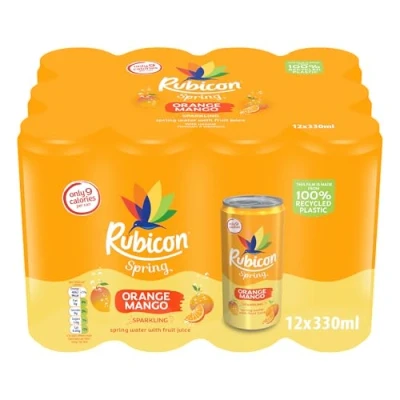 Image of Rubicon Spring 12 Pack Orange Mango, Sparkling Water with Real Fruit Juice &amp; Natural Flavours, Only 9 Calories x 330ml Multipack Cans