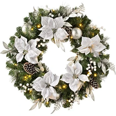 Image of WeRChristmas Luxury Pre Lit Decorated Wreath with 50 LED Lights &amp; Timer Function, Multi Colour, 2.5 feet/75cm