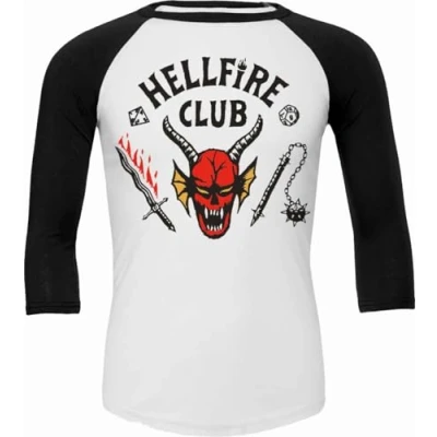 Image of Spiral Stranger Things 4 Hellfire Club Crest Raglan Contrast 3/4 Longsleeve Black &amp; White S