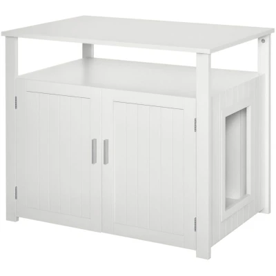 Image of PawHut Wooden Cat Litter Box Enclosure Furniture with Adjustable Interior Wall &amp; Large Tabletop for Nightstand, White