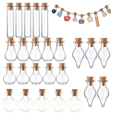 Image of 25Pcs Mini Glass Bottles with Cork Lids, 5 Geometric Shapes Tiny Jars, Wishing Bottles, Small DIY Decorative Craft Vials for Crafts Party Weddings Decoration Storage Accessories