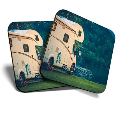 Image of Great Coasters (Set of 2) Square/Glossy Quality Coasters/Tabletop Protection for Any Table Type Camper Van Motorhome Camping #16466