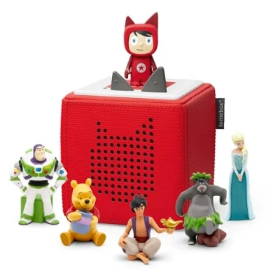 Image of tonies Disney and Pixar Red Toniebox Starter Set Bundle with 5 Characters including Frozen Elsa, Jungle Book, Aladdin, Winnie the Pooh, Toy Story, tablet free toys for kids