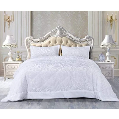 Image of 3 Pcs Quilted Bedspread Teddy Embossed Fleece Velvet Bed Throw with Pillow Shams Bedding Set (White, Double)