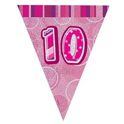 Image of Unique Party 92130 9ft Foil Glitz Pink Happy 10th Birthday Bunting Flags