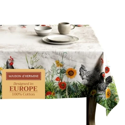 Image of Maison d&#039; Hermine Table Cover 100% Cotton 140cm x 180cm Decorative Tablecloth Washable Square Easter Tablecloths for Dining, Home, Wedding, Banquet, Buffet, Basse Cour Spring/Summer