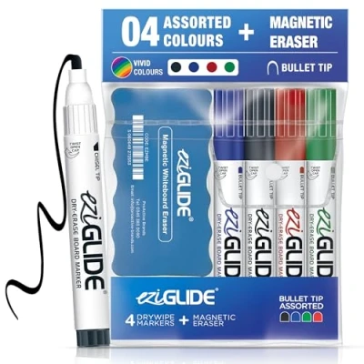 Image of Eziglide Assorted Bullet Tip Whiteboard Pens 4 Pack with Magnetic Eraser, Black, Red, Blue &amp; Green Markers, Dry Wipe for Whiteboard, Colour White Board Markers Erasable