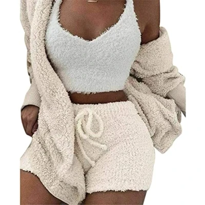 Image of DIVAND Women&#039;s Winter Plush Home Wear Casual 3 Piece Pajamas Long Sleeved Fluffy Hooded Jacket with Open Front Coat &amp; Shorts Vest Suit Fashion Keep Warm Clothes,White,M