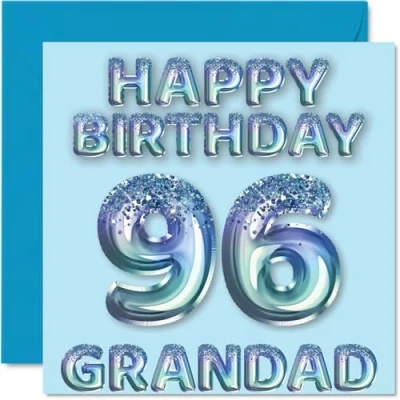 Image of 96th Birthday Card for Grandad Blue Glitter Party Balloons Happy Cards 96 Year Old from Grandson Granddaughter, 145mm x Bday Greeting Gift