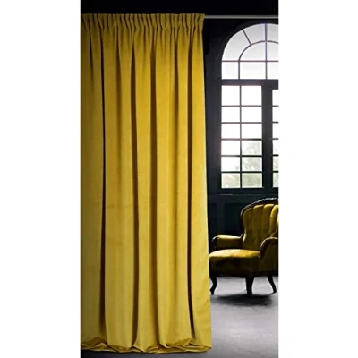 Image of Eurofirany Soft Plain Opaque Velvet Curtain with Rufflette Tape For Rail 1 Unit, Thick Fluffy Panel Drape Classic Glamour Elegant Living Room Bedroom, W55&#039;&#039; x L106&#039;&#039;, 140x270 cm, Mustard