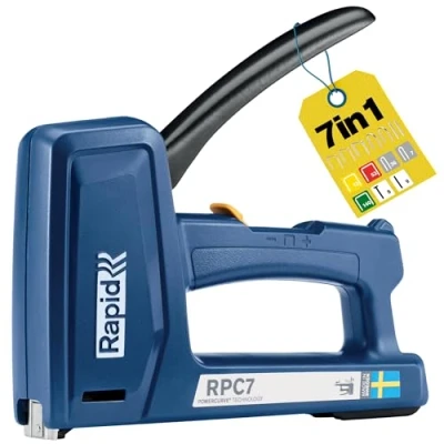 Image of Heavy Duty Staple Gun for Wood 7 in 1 Wall Stapler Versatile DIY, Upholstery, Cables and Carpet Light Up to 50% Easier Squeeze Made Sweden Rapid RPC7