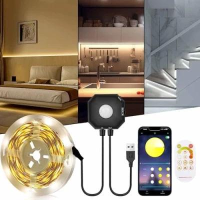 Image of Motion Activated Under Bed Lights,5M Sensor LED Strip Lights with Remote Control and APP,Warm White to Cool 3000K 6000K Cabinet for Kitchen Cabinets,Cupboards,Stairs,Bed