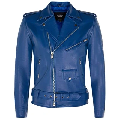 Image of Men&#039;s Leather Blue Brando Biker Jacket Rock Motorcycle Retro Hide L