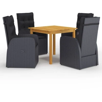 Image of Vidaxl 5 Piece Garden Dining Set with Cushions Black Poly Rattan