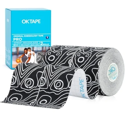 Image of OK Tape PRO Kinesiology Physio Sports Injury Muscle for Shoulder, Knee, Ankle Shin Splints Support,Free Cut 5cm x 5m,2 Rolls,Black White