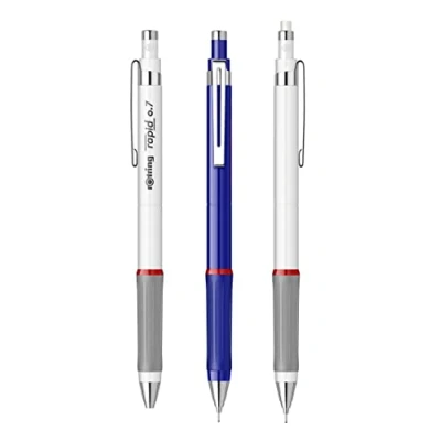 Image of rOtring Rapid Mechanical Pencils HB 0.7mm Pack of 3 White &amp; Blue Barrels Rubber Grip Twistable Eraser