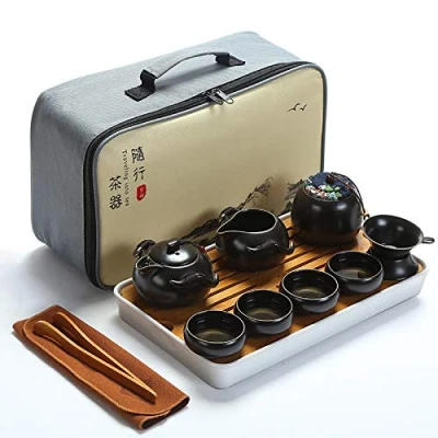 Image of fanquare Portable Travel Tea Set, Handmade Kungfu Porcelain Teapot, Teacups, Bamboo Tray with a Bag, Black
