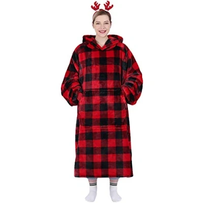Image of Waitu Wearable Blanket Hoodie Sweatshirt Gifts for Adult and Child, Super Warm Cozy Giant Women Men, Flannel with Sleeves Pocket Red Black Plaid