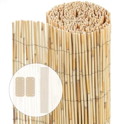 Image of VOUNOT Natural Peeled Reed Fence 90x600cm Privacy Screen Roll with Fixing Clips Garden Panel for Outdoor Patio Balcony Wind/Sun Protection