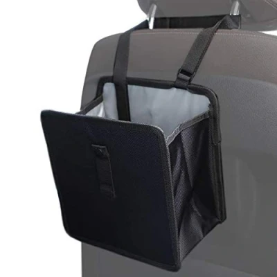 Image of Folding Car Rubbish Bin Dustbin with Adjustable Lanyard, Liners Tidy Trash Bag, Portable Waterproof Back Seat Organizer Waste Paper Garbage for Cars Auto Travel 7L(Black)