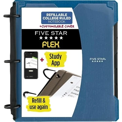 Image of Five Star Flex Refillable Notebook + Study App, 1 Inch Binder with Customizable Cover, College Ruled and 3 Ring Binder, Hybrid NoteBinder, 200 Sheet Capacity, Color Will Vary (29326)