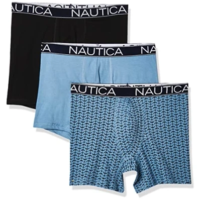 Image of Nautica Men&#039;s 3 Pack Classic Cotton Stretch Boxer Briefs, Black/Aero Blue/Anchor Printaero Blue, M