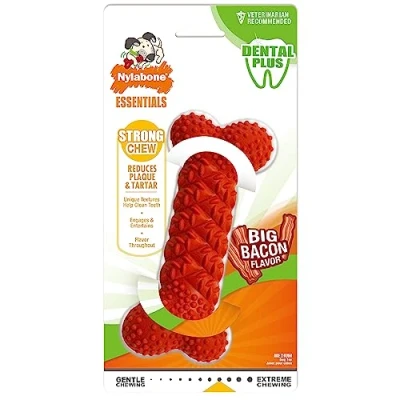 Image of Nylabone Strong Natural Rubber Braided Bone Dental Dog Chew Toy, Bacon Flavour, Medium, for Dogs up to 16kg,Red