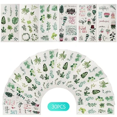 Image of 30 Sheets Plant Decorative Stickers, Self Adhesive Greenery Scrapbook Stickers Leaves Flower Scrapbooking Decals for Album Letter Bottle Calendar