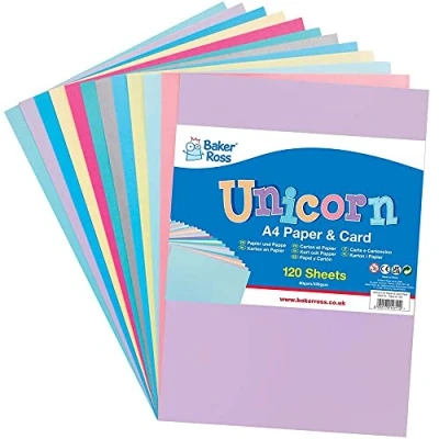 Image of Baker Ross FE211 Unicorn A4 Paper &amp; Card Pack of 120, Coloured Art Supplies for Kids Craft Making Activities,
