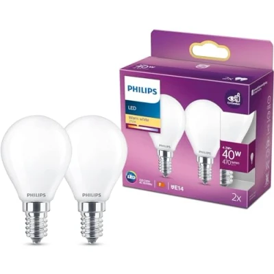 Image of PHILIPS LED Premium Classic P45 Lustre Light Bulb 2 Pack [E14 Small Edison Screw] 4.3w 40W Equivalent, Warm White (2700K), Non Dimmable, A++